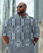 Simple Geometric Long Sleeve Lel Polo Long Sleeve 2-Piece Set Men's Plus Size